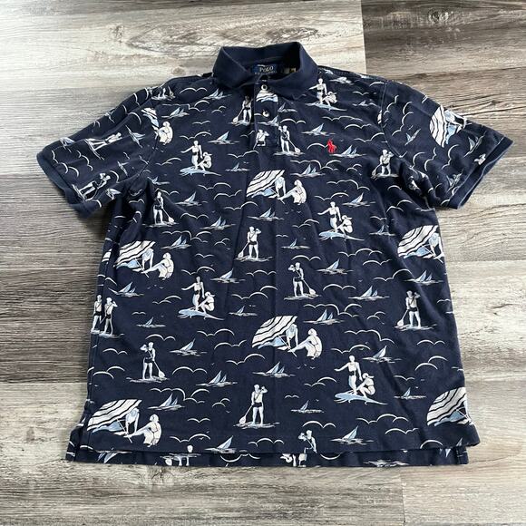 Polo Ralph Lauren Navy Blue Sailboat AOP Mens L Pattern Beach Resort Polo Shirt - Picture 1 of 8